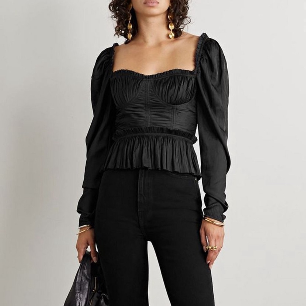 ULLA JOHNSON Mia ruched satin black peplum blouse (0) Never Worn